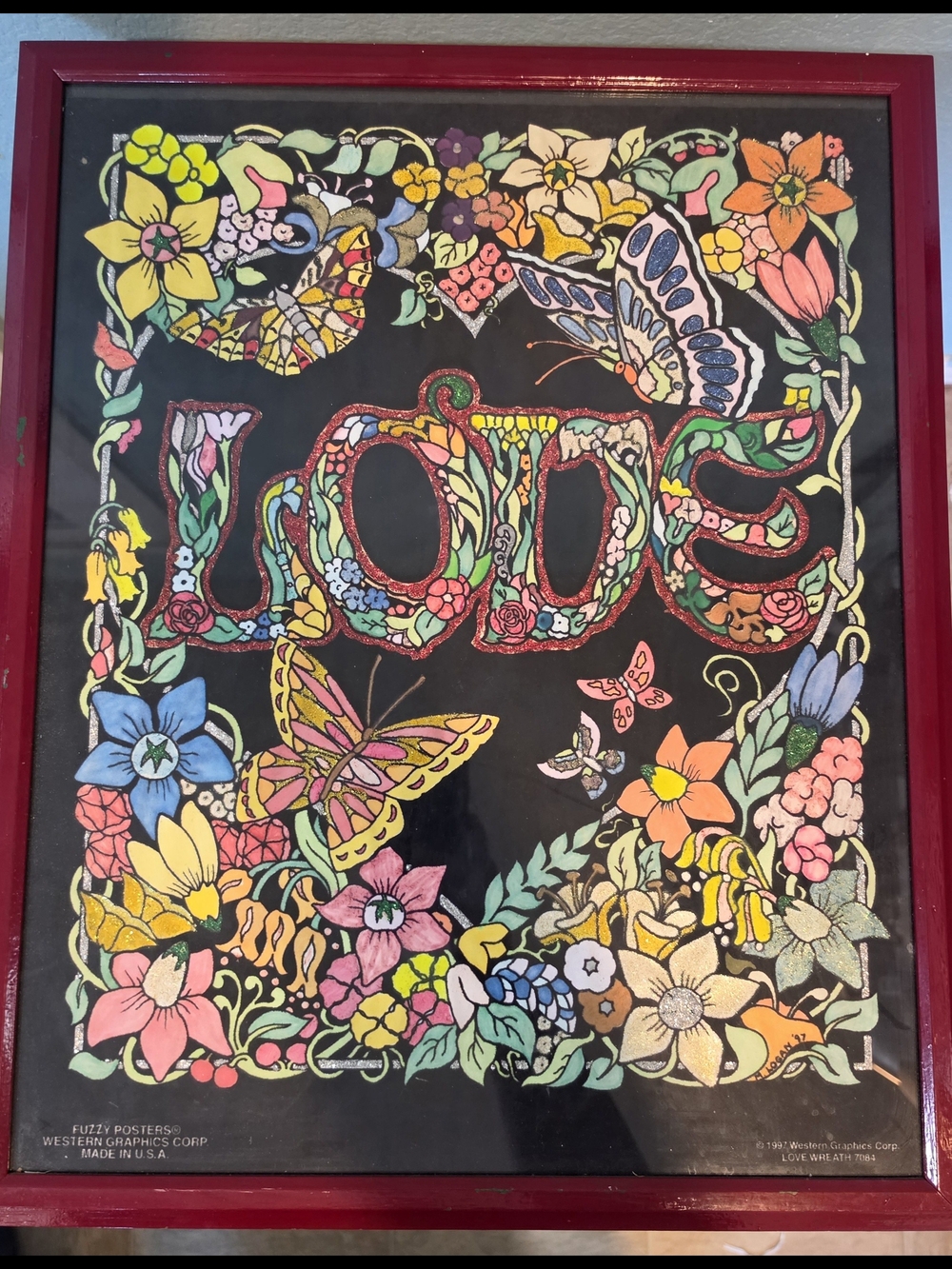 Vintage 90s Fuzzy Poster Black light Velvet LOVE Floral Western Graphic Framed